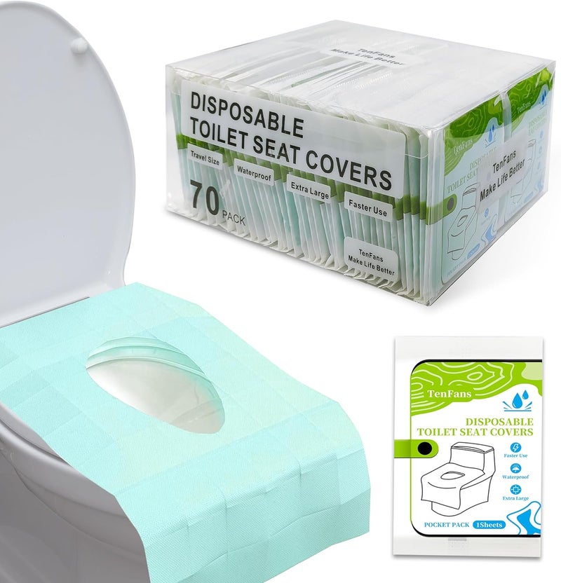 TenFans ​​TenFan Disposable Toilet Seat Covers - 70-Pack Waterproof XL Travel Pack, Adhesive Secure Fit for Public Toilets, Camping, Airport & Hospital (Adults & Kids)​​ - Image 1